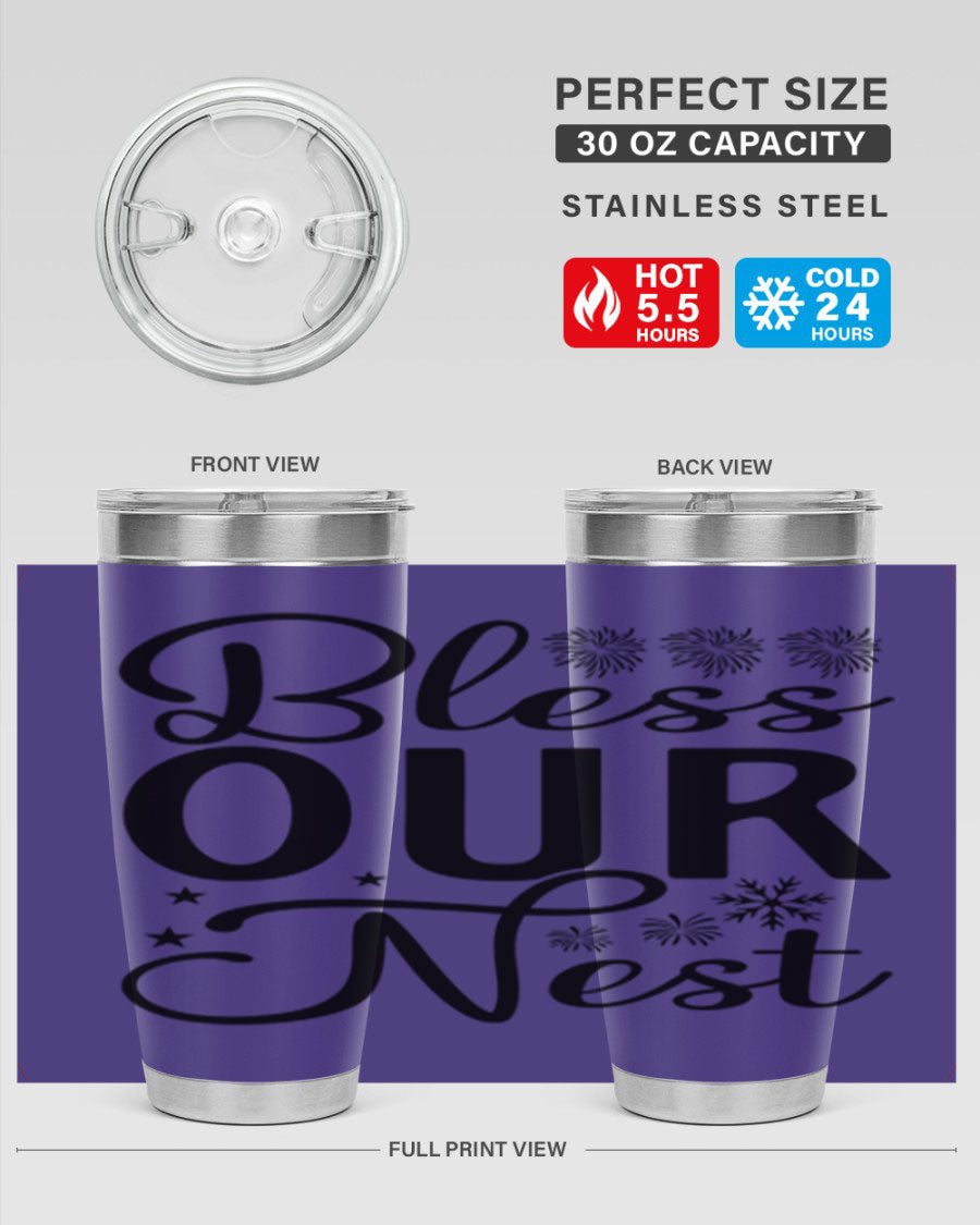 Bless Our Nest 20oz Tumbler featuring double wall vacuum stainless steel and a stylish design, perfect for hot and cold beverages.