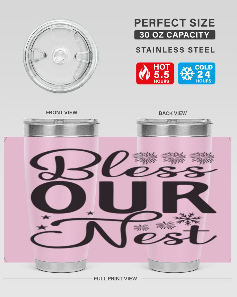 Bless Our Nest 20oz Tumbler featuring double wall vacuum stainless steel and a stylish design, perfect for hot and cold beverages.