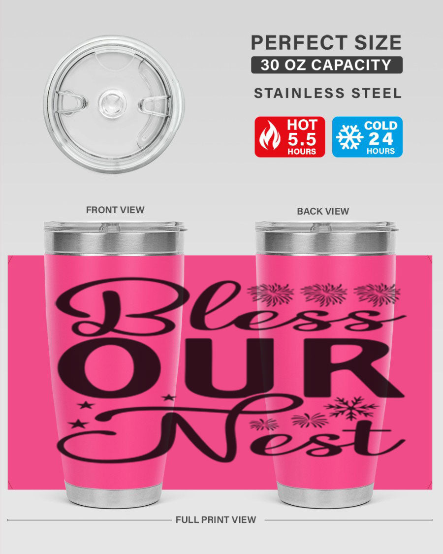 Bless Our Nest 20oz Tumbler featuring double wall vacuum stainless steel and a stylish design, perfect for hot and cold beverages.