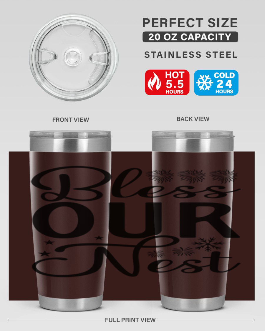 Bless Our Nest 20oz Tumbler featuring double wall vacuum stainless steel and a stylish design, perfect for hot and cold beverages.