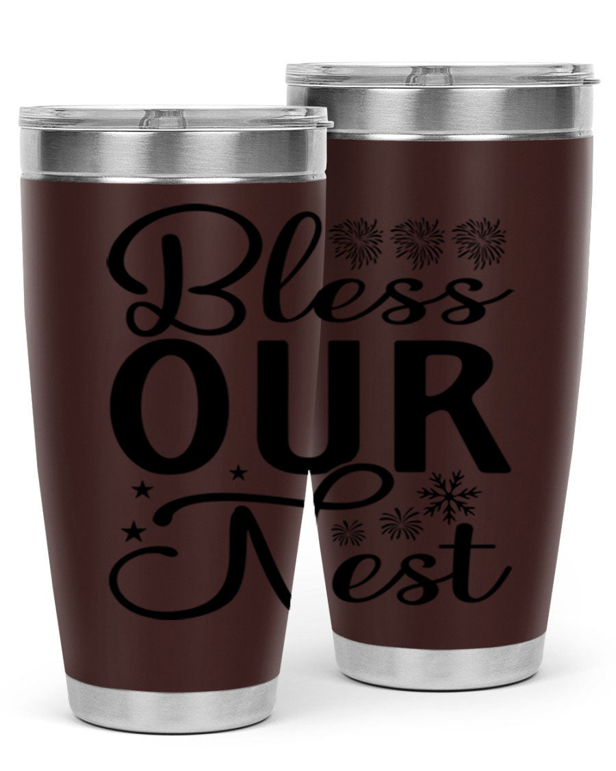 Bless Our Nest 20oz Tumbler featuring double wall vacuum stainless steel and a stylish design, perfect for hot and cold beverages.