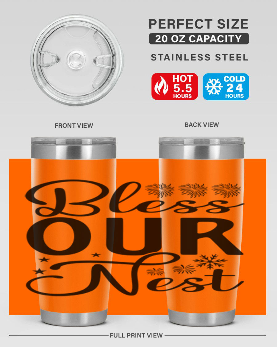 Bless Our Nest 20oz Tumbler featuring double wall vacuum stainless steel and a stylish design, perfect for hot and cold beverages.