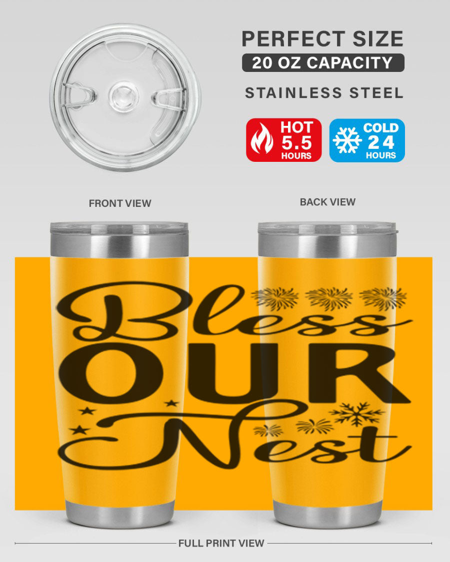 Bless Our Nest 20oz Tumbler featuring double wall vacuum stainless steel and a stylish design, perfect for hot and cold beverages.