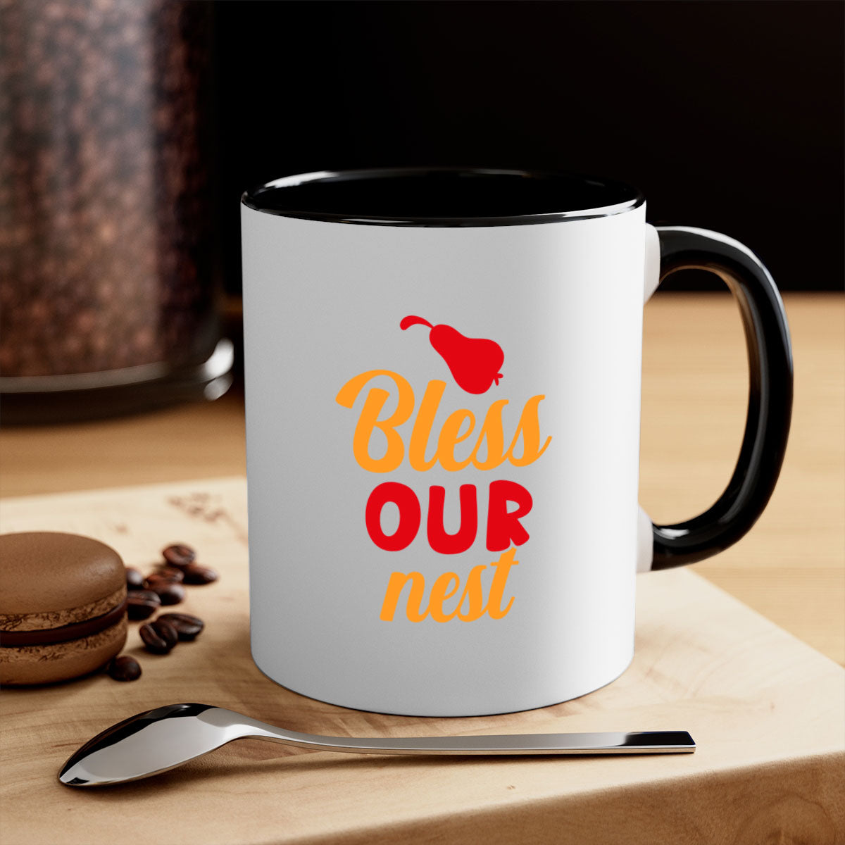 Bless our Nest 53# Mug featuring a glossy finish, colored handle, and interior, available in multiple colors and sizes.