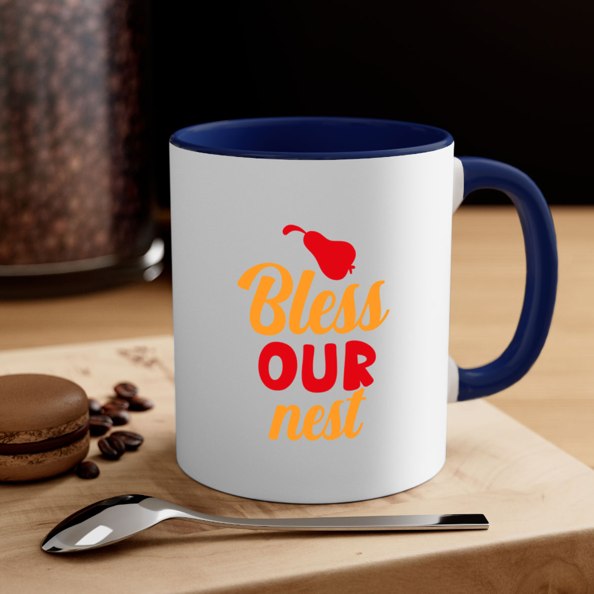 Bless our Nest 53# Mug featuring a glossy finish, colored handle, and interior, available in multiple colors and sizes.