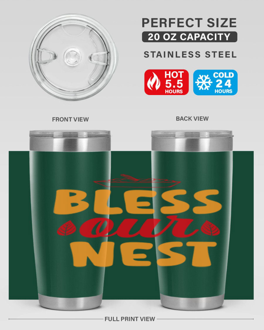 Bless Our Nest 20oz Tumbler featuring double wall vacuum stainless steel with copper lining, designed for hot and cold beverages.