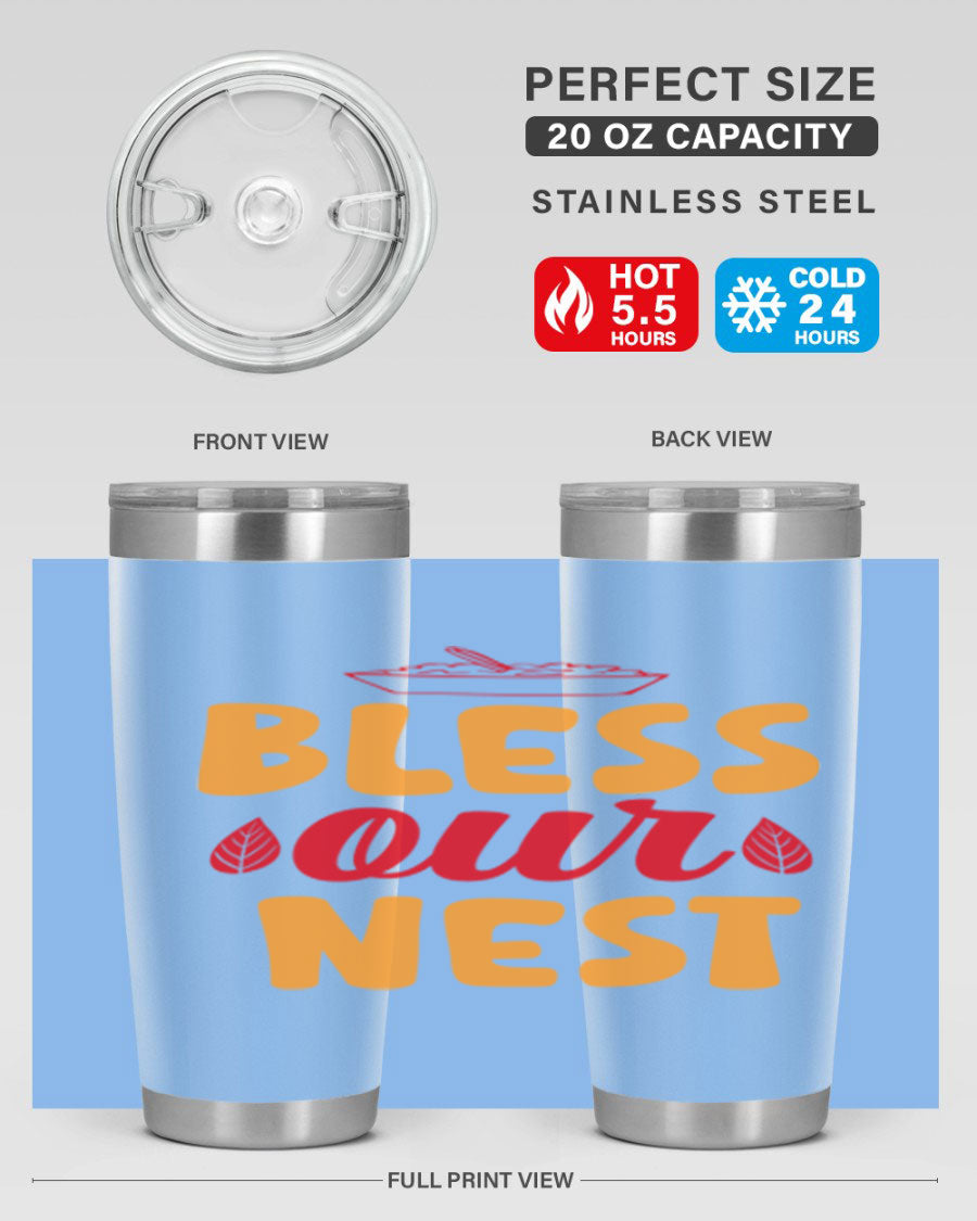 Bless Our Nest 20oz Tumbler featuring double wall vacuum stainless steel with copper lining, designed for hot and cold beverages.