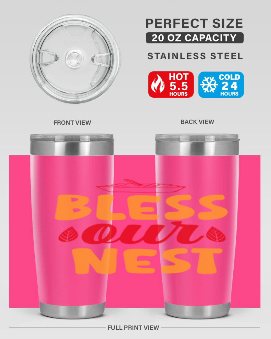 Bless Our Nest 20oz Tumbler featuring double wall vacuum stainless steel with copper lining, designed for hot and cold beverages.