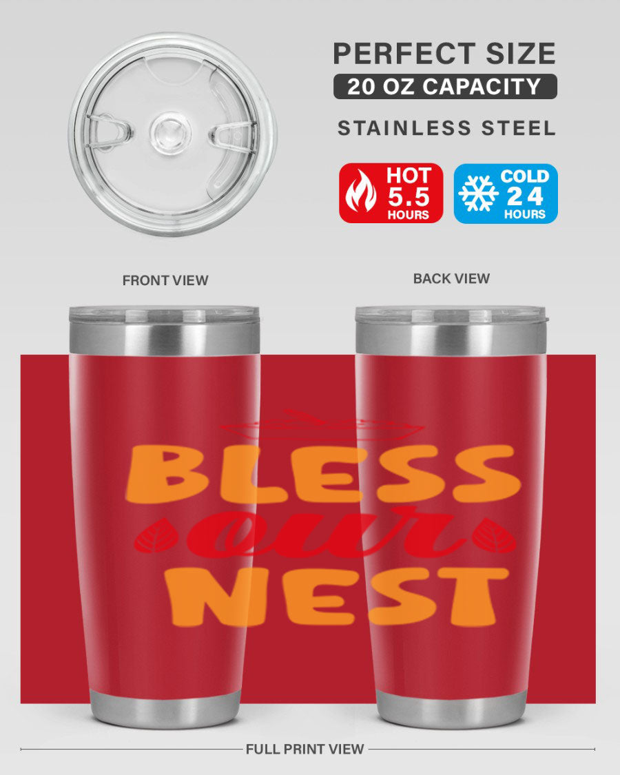 Bless Our Nest 20oz Tumbler featuring double wall vacuum stainless steel with copper lining, designed for hot and cold beverages.