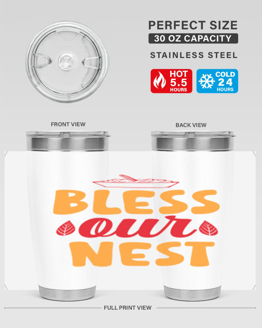 Bless Our Nest 20oz Tumbler featuring double wall vacuum stainless steel with copper lining, designed for hot and cold beverages.