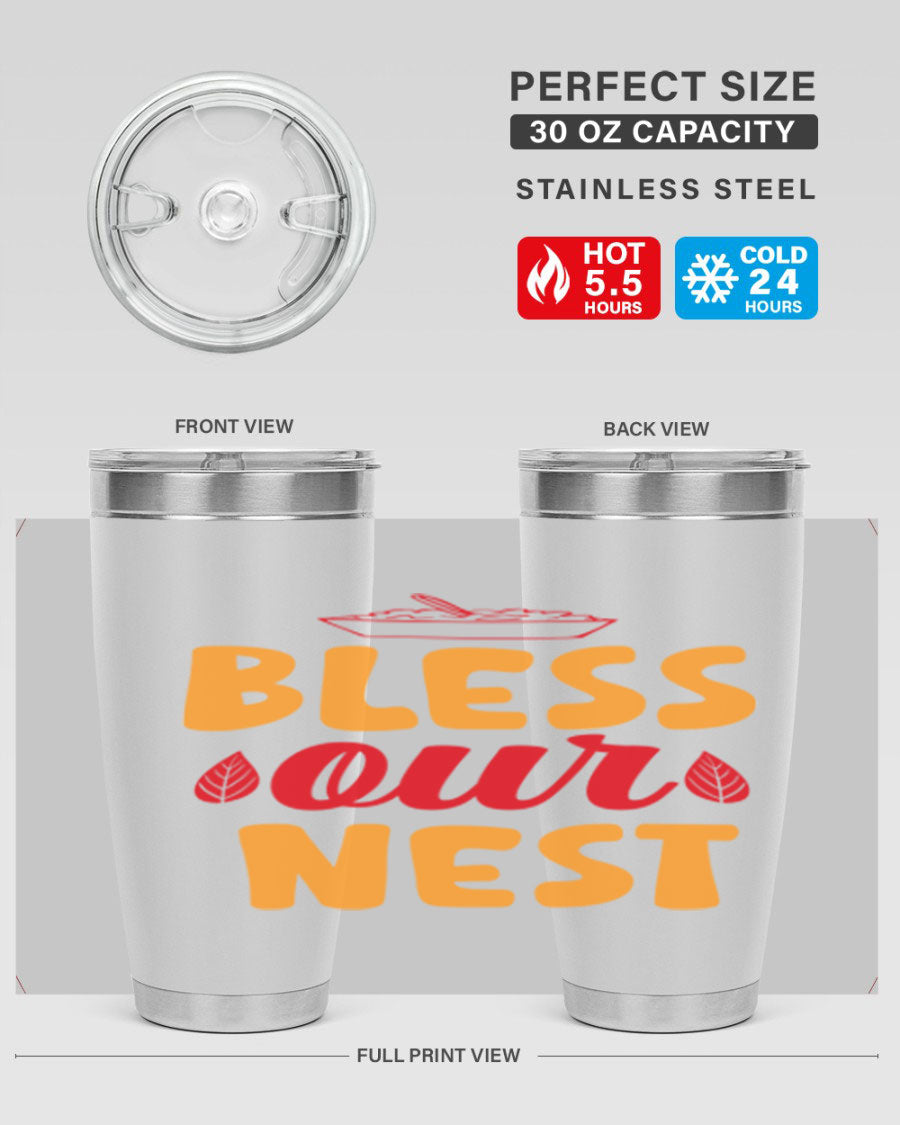 Bless Our Nest 20oz Tumbler featuring double wall vacuum stainless steel with copper lining, designed for hot and cold beverages.