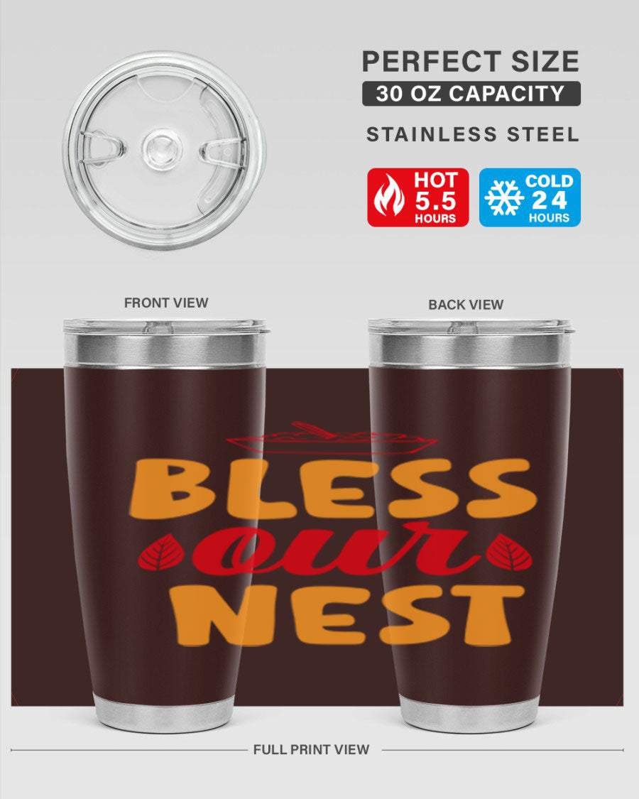 Bless Our Nest 20oz Tumbler featuring double wall vacuum stainless steel with copper lining, designed for hot and cold beverages.