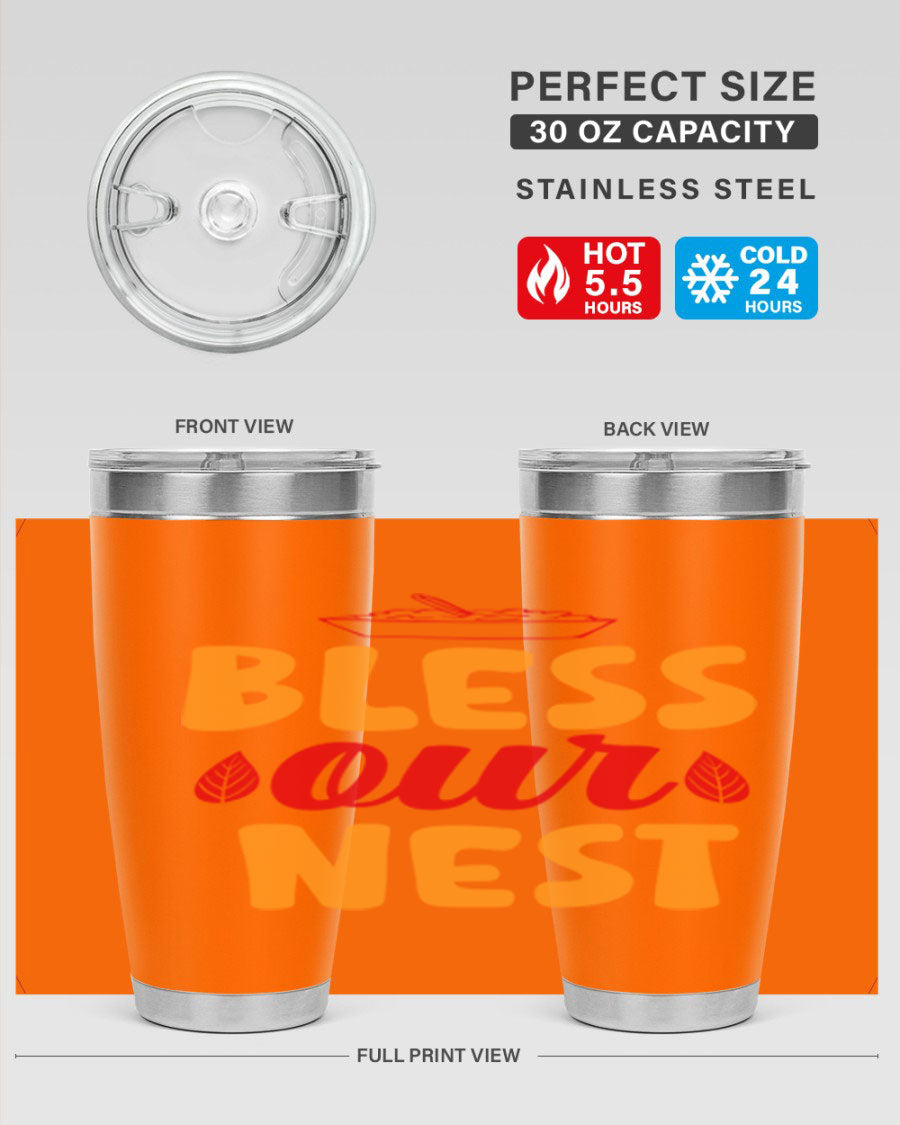 Bless Our Nest 20oz Tumbler featuring double wall vacuum stainless steel with copper lining, designed for hot and cold beverages.