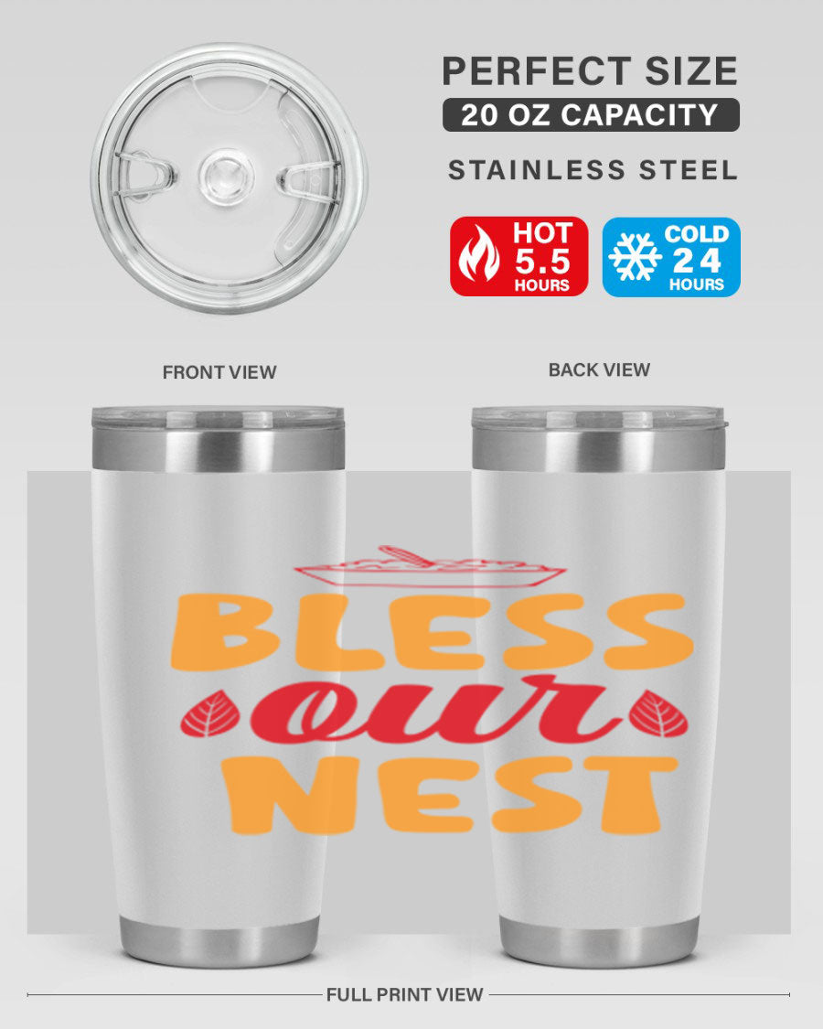 Bless Our Nest 20oz Tumbler featuring double wall vacuum stainless steel with copper lining, designed for hot and cold beverages.