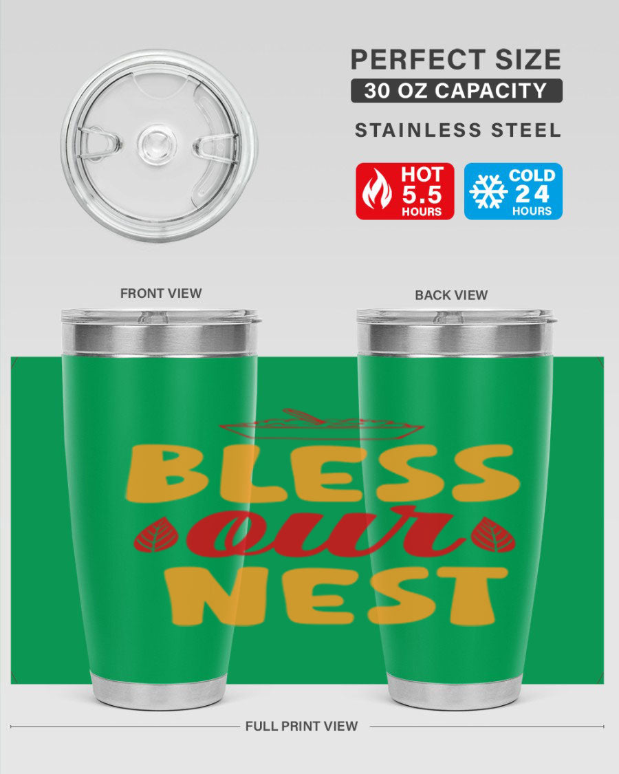 Bless Our Nest 20oz Tumbler featuring double wall vacuum stainless steel with copper lining, designed for hot and cold beverages.