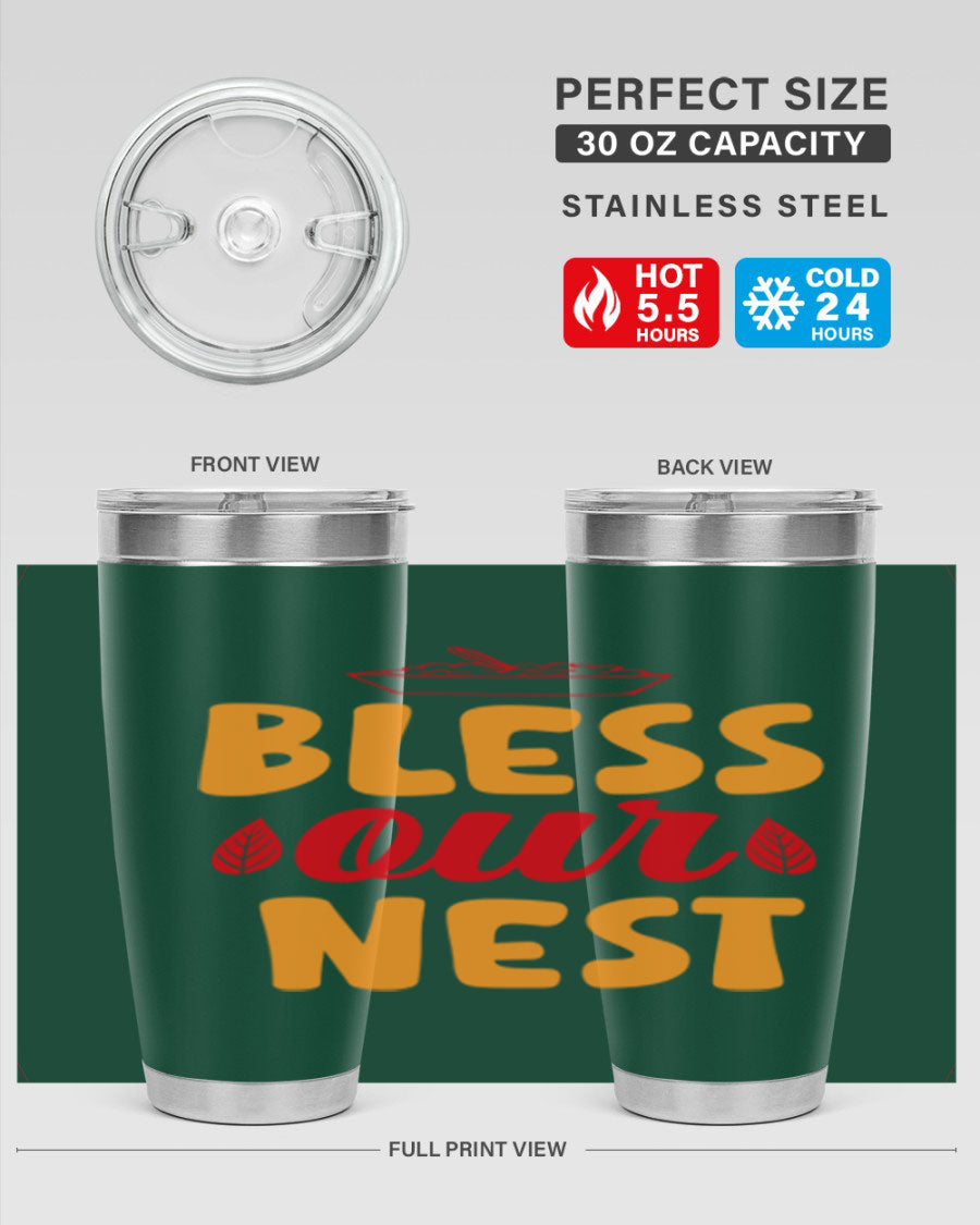 Bless Our Nest 20oz Tumbler featuring double wall vacuum stainless steel with copper lining, designed for hot and cold beverages.