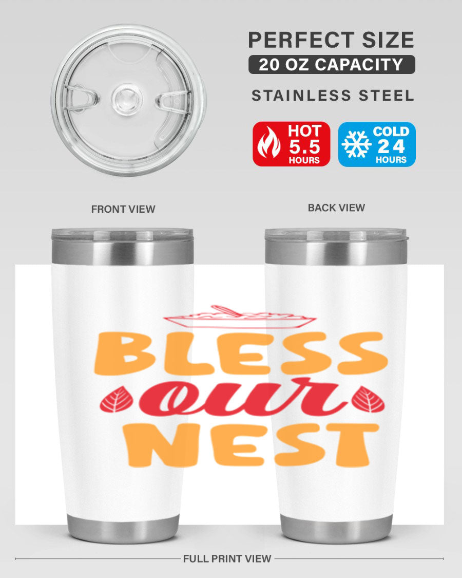 Bless Our Nest 20oz Tumbler featuring double wall vacuum stainless steel with copper lining, designed for hot and cold beverages.