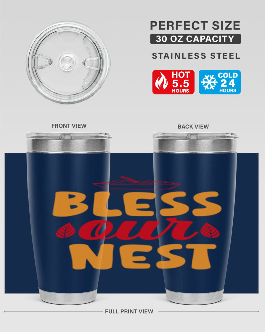 Bless Our Nest 20oz Tumbler featuring double wall vacuum stainless steel with copper lining, designed for hot and cold beverages.