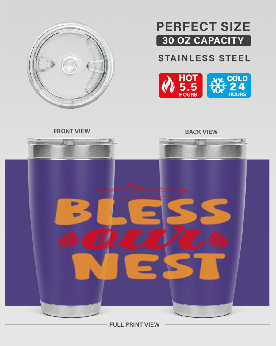 Bless Our Nest 20oz Tumbler featuring double wall vacuum stainless steel with copper lining, designed for hot and cold beverages.