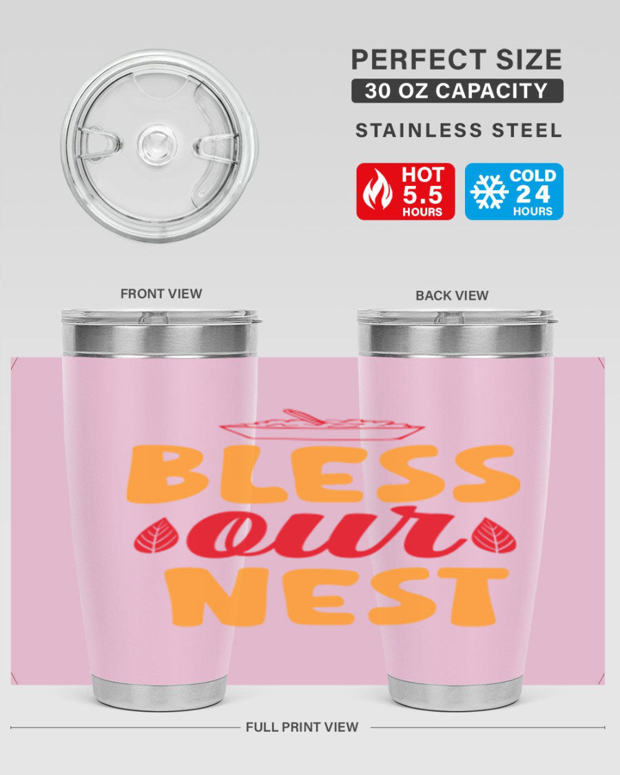 Bless Our Nest 20oz Tumbler featuring double wall vacuum stainless steel with copper lining, designed for hot and cold beverages.