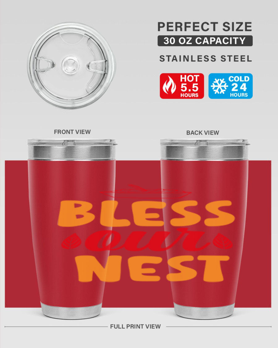 Bless Our Nest 20oz Tumbler featuring double wall vacuum stainless steel with copper lining, designed for hot and cold beverages.