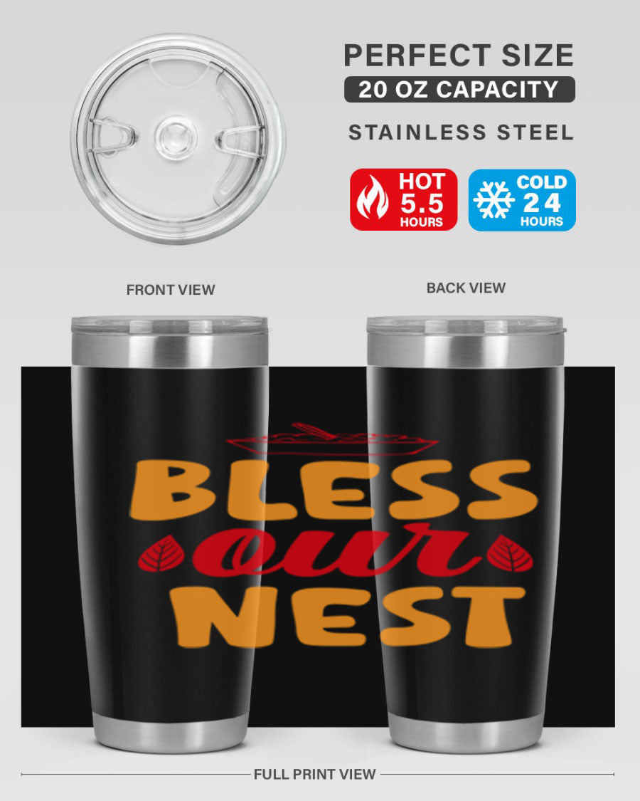 Bless Our Nest 20oz Tumbler featuring double wall vacuum stainless steel with copper lining, designed for hot and cold beverages.