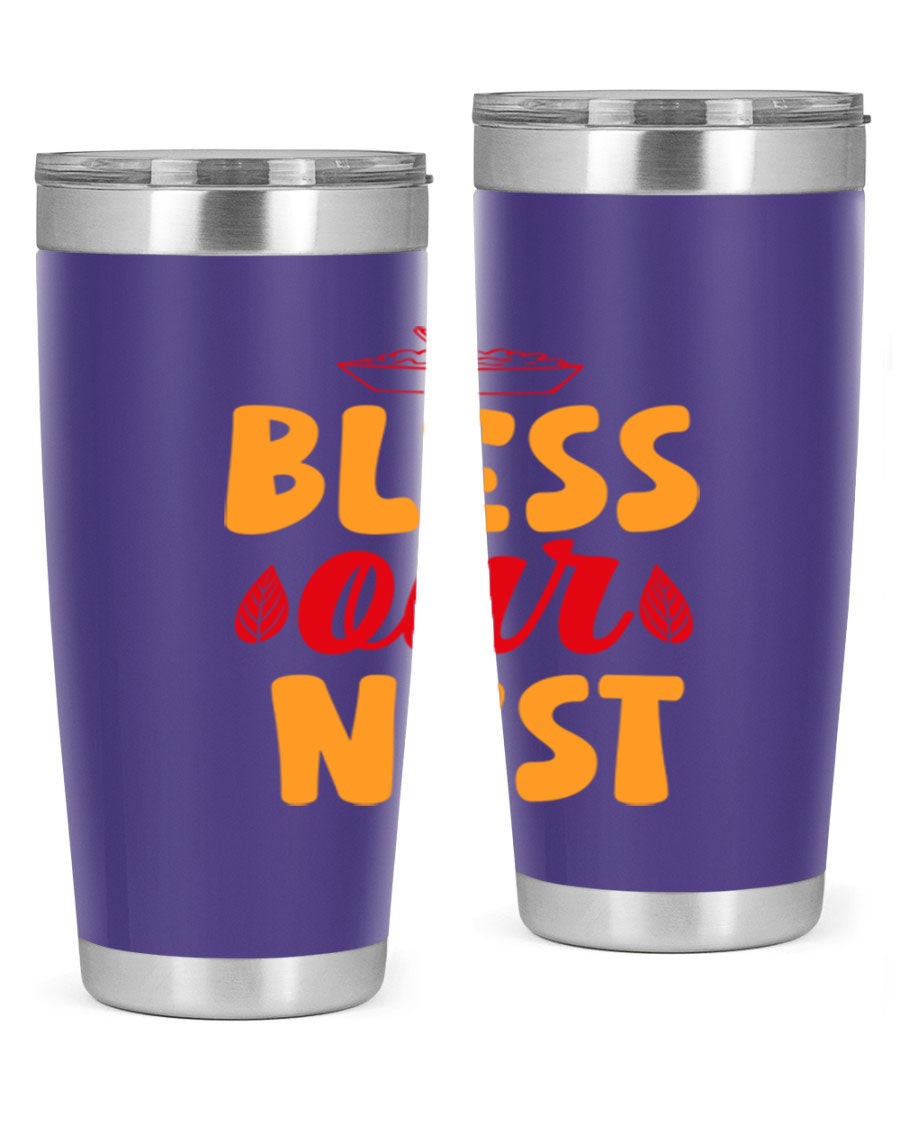 Bless Our Nest 20oz Tumbler featuring double wall vacuum stainless steel with copper lining, designed for hot and cold beverages.