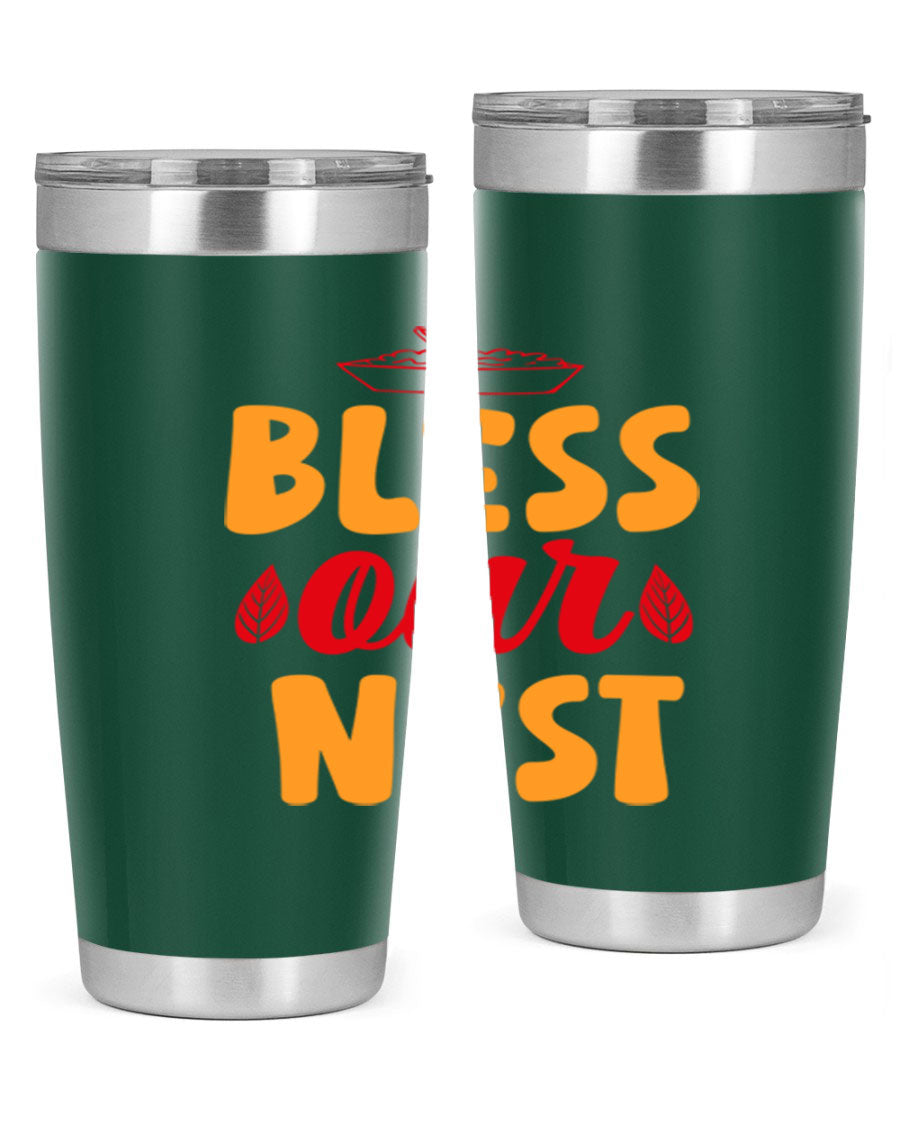 Bless Our Nest 20oz Tumbler featuring double wall vacuum stainless steel with copper lining, designed for hot and cold beverages.