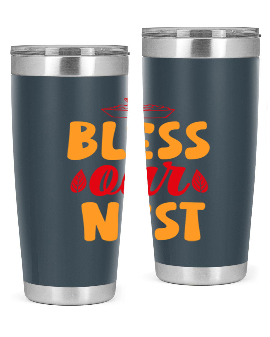 Bless Our Nest 20oz Tumbler featuring double wall vacuum stainless steel with copper lining, designed for hot and cold beverages.