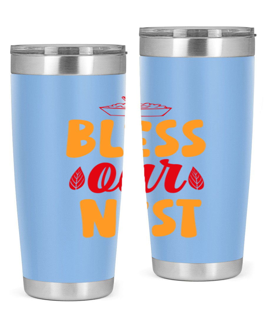 Bless Our Nest 20oz Tumbler featuring double wall vacuum stainless steel with copper lining, designed for hot and cold beverages.