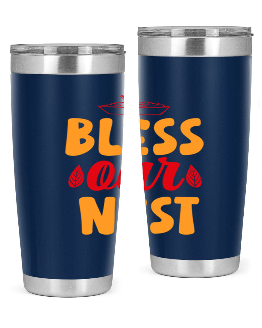 Bless Our Nest 20oz Tumbler featuring double wall vacuum stainless steel with copper lining, designed for hot and cold beverages.