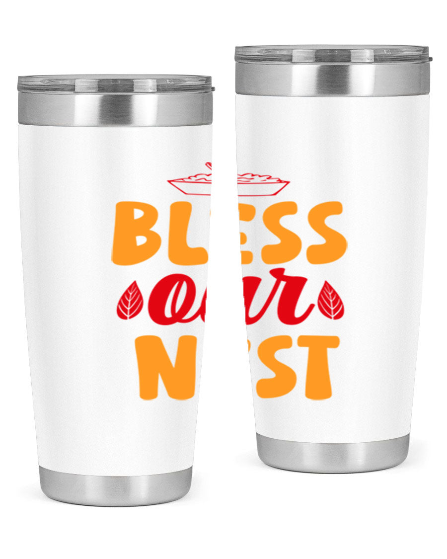 Bless Our Nest 20oz Tumbler featuring double wall vacuum stainless steel with copper lining, designed for hot and cold beverages.