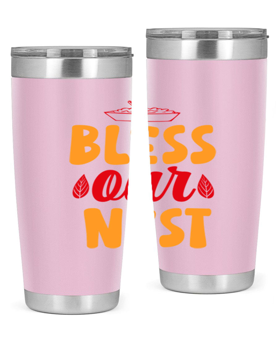 Bless Our Nest 20oz Tumbler featuring double wall vacuum stainless steel with copper lining, designed for hot and cold beverages.