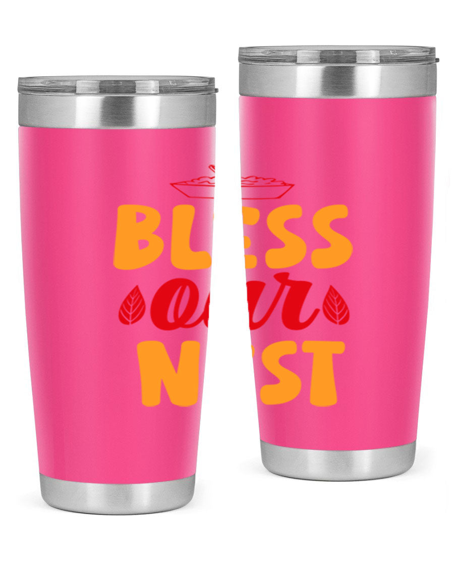 Bless Our Nest 20oz Tumbler featuring double wall vacuum stainless steel with copper lining, designed for hot and cold beverages.