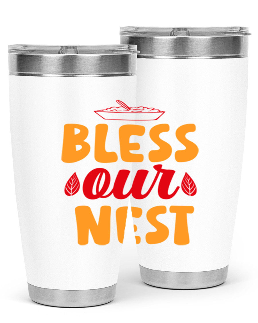 Bless Our Nest 20oz Tumbler featuring double wall vacuum stainless steel with copper lining, designed for hot and cold beverages.