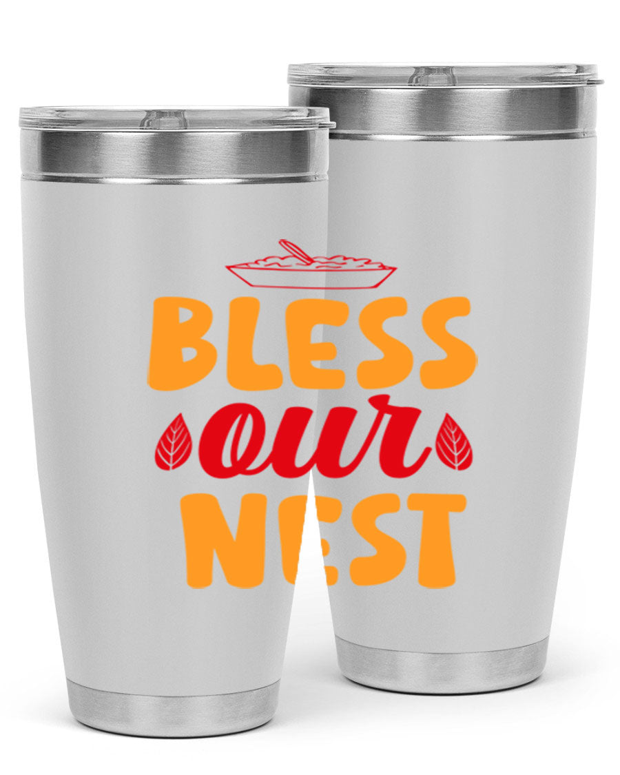 Bless Our Nest 20oz Tumbler featuring double wall vacuum stainless steel with copper lining, designed for hot and cold beverages.