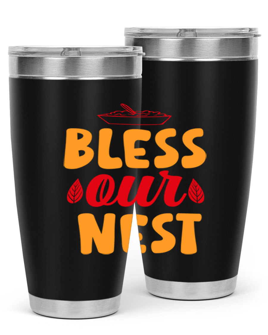 Bless Our Nest 20oz Tumbler featuring double wall vacuum stainless steel with copper lining, designed for hot and cold beverages.