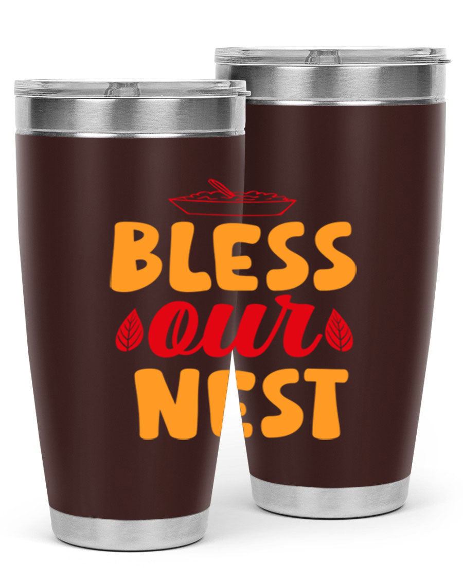 Bless Our Nest 20oz Tumbler featuring double wall vacuum stainless steel with copper lining, designed for hot and cold beverages.