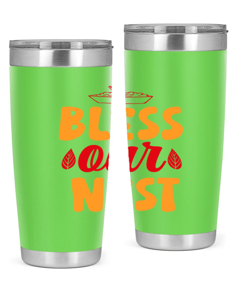 Bless Our Nest 20oz Tumbler featuring double wall vacuum stainless steel with copper lining, designed for hot and cold beverages.