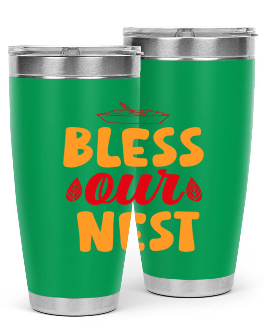 Bless Our Nest 20oz Tumbler featuring double wall vacuum stainless steel with copper lining, designed for hot and cold beverages.