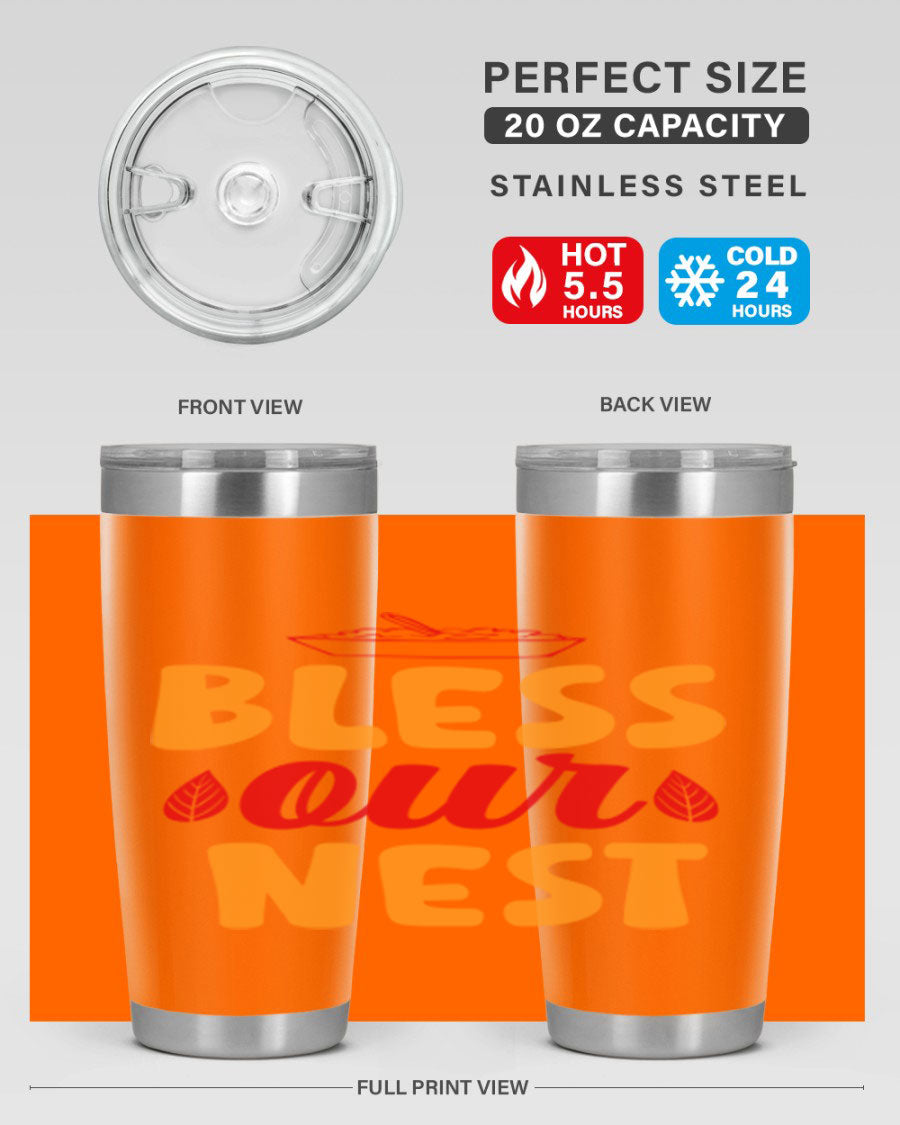 Bless Our Nest 20oz Tumbler featuring double wall vacuum stainless steel with copper lining, designed for hot and cold beverages.