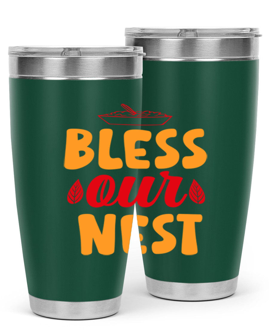 Bless Our Nest 20oz Tumbler featuring double wall vacuum stainless steel with copper lining, designed for hot and cold beverages.