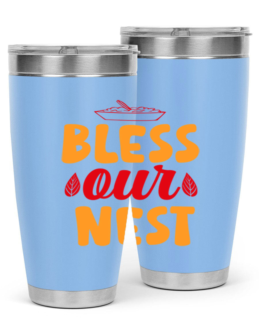 Bless Our Nest 20oz Tumbler featuring double wall vacuum stainless steel with copper lining, designed for hot and cold beverages.