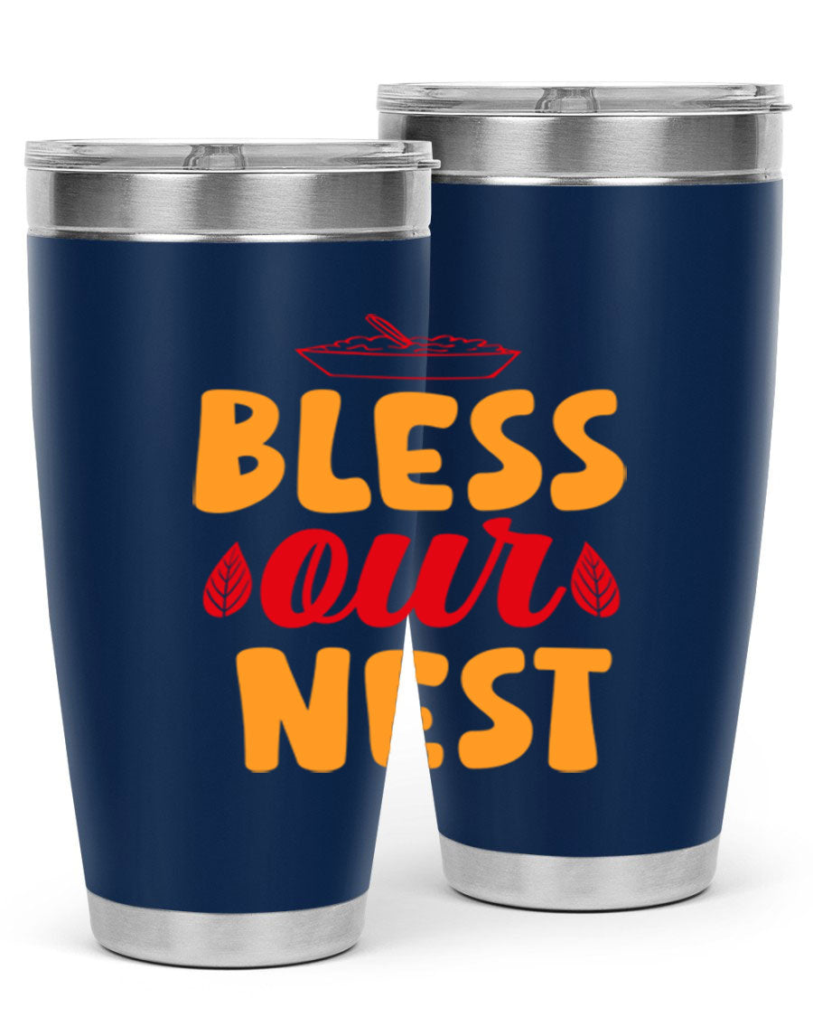 Bless Our Nest 20oz Tumbler featuring double wall vacuum stainless steel with copper lining, designed for hot and cold beverages.