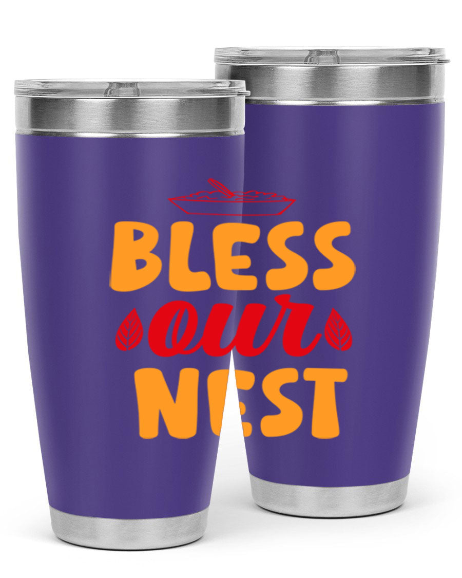 Bless Our Nest 20oz Tumbler featuring double wall vacuum stainless steel with copper lining, designed for hot and cold beverages.