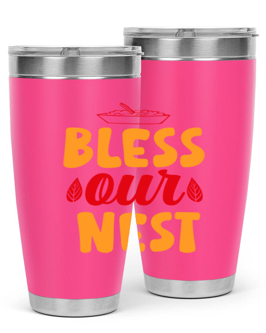 Bless Our Nest 20oz Tumbler featuring double wall vacuum stainless steel with copper lining, designed for hot and cold beverages.