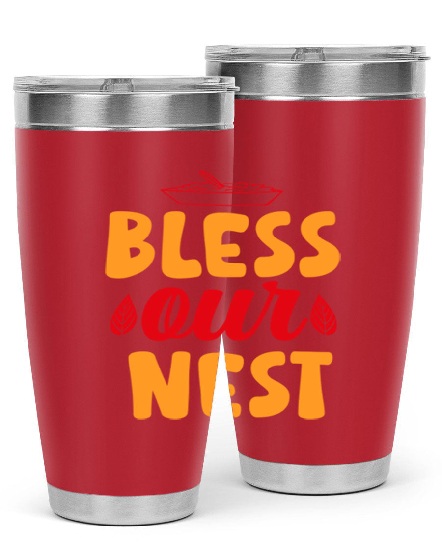 Bless Our Nest 20oz Tumbler featuring double wall vacuum stainless steel with copper lining, designed for hot and cold beverages.