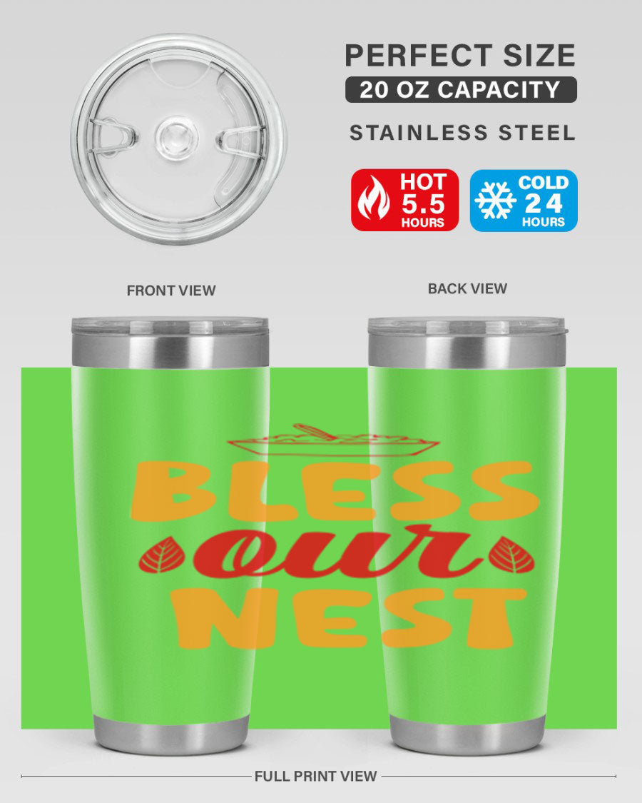 Bless Our Nest 20oz Tumbler featuring double wall vacuum stainless steel with copper lining, designed for hot and cold beverages.