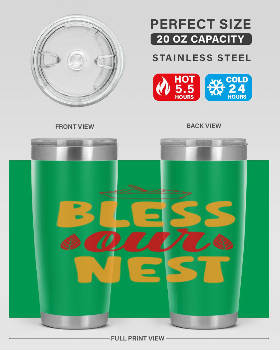 Bless Our Nest 20oz Tumbler featuring double wall vacuum stainless steel with copper lining, designed for hot and cold beverages.