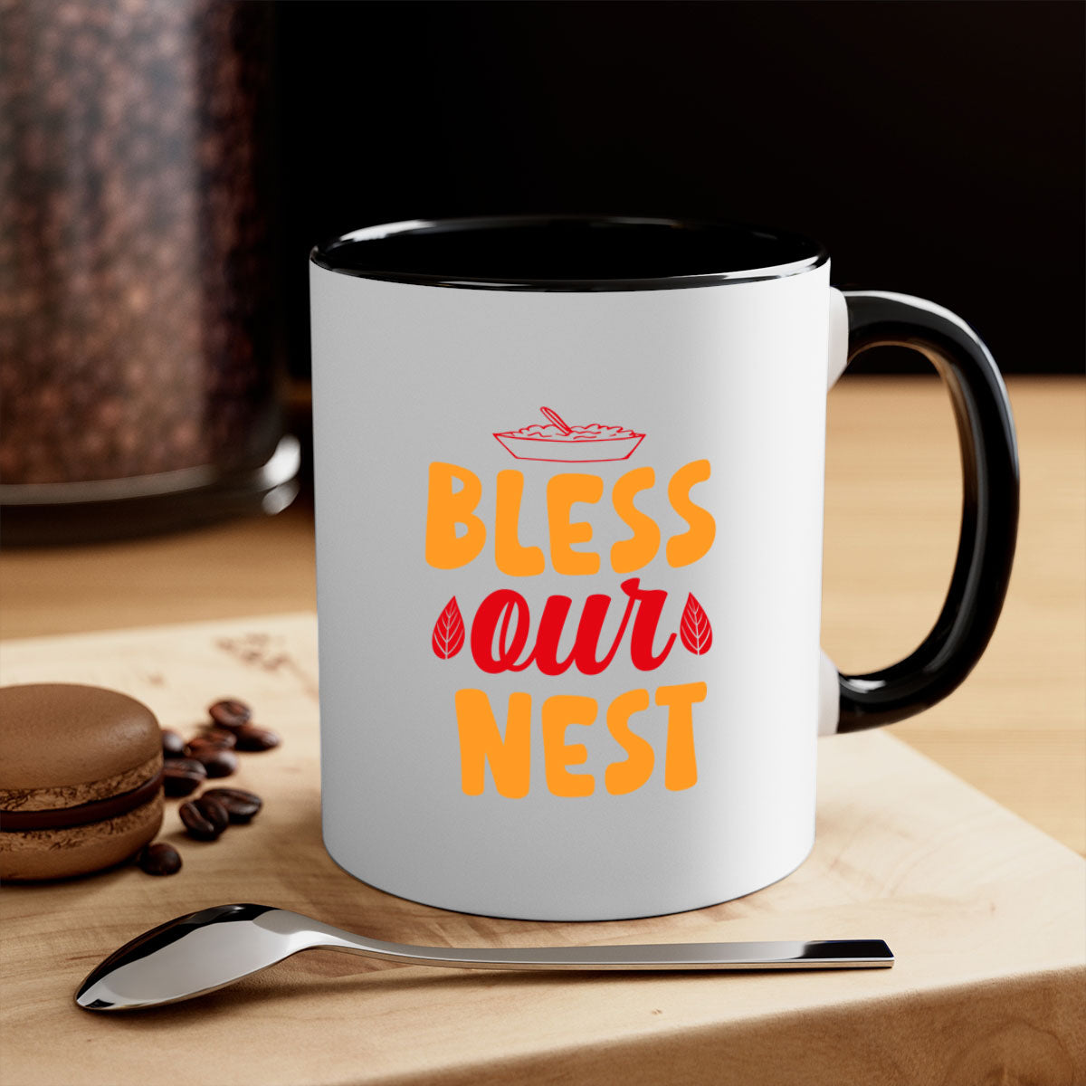 Bless our nest 54# mug featuring a glossy finish, colored handle, and interior, available in multiple colors and sizes.